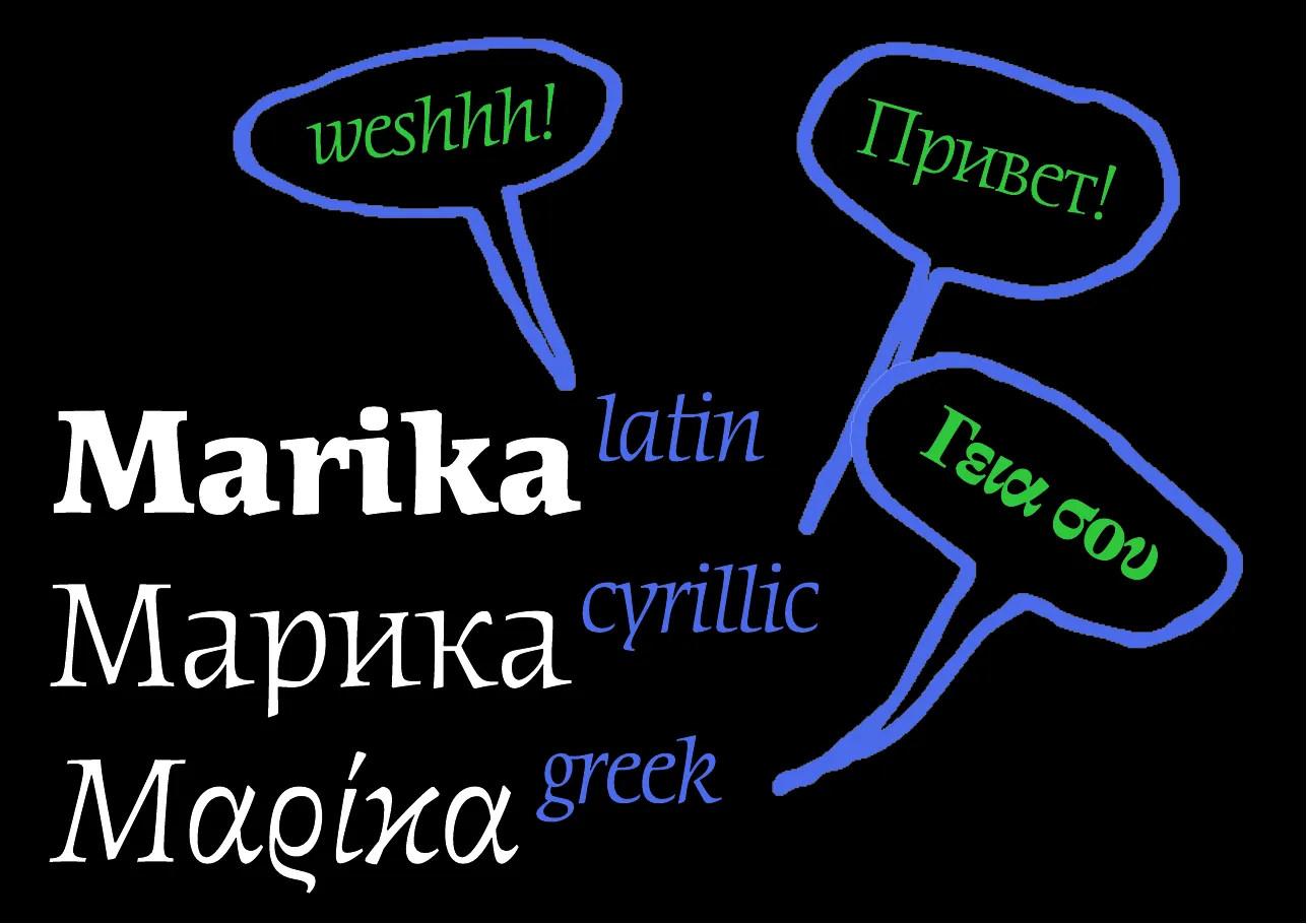 Speech bubble showing multilingual "Marika" lettering in Latin, Greek and Cyrillic
