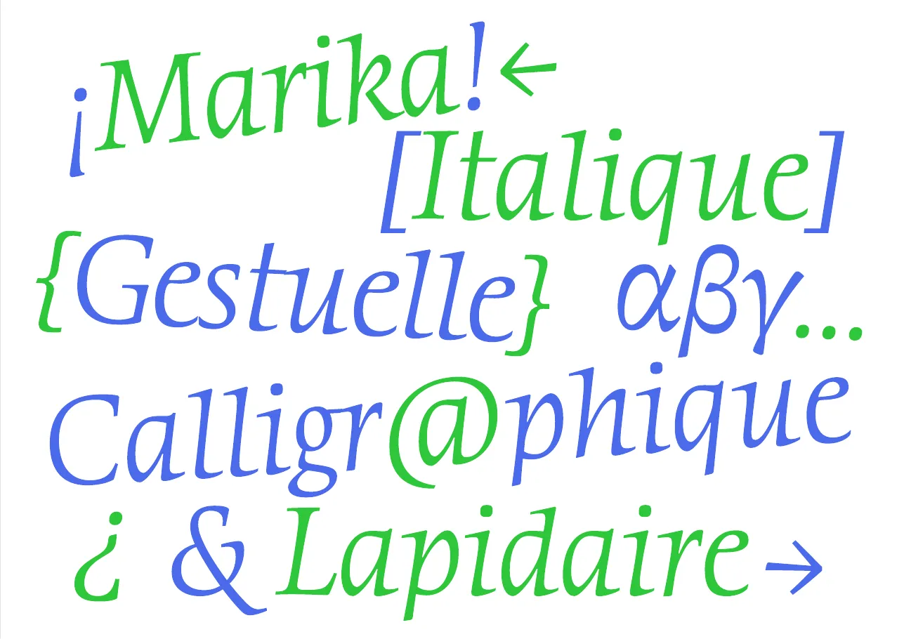 Colourful diagonal composition of Marika's italic, calligraphic letterforms