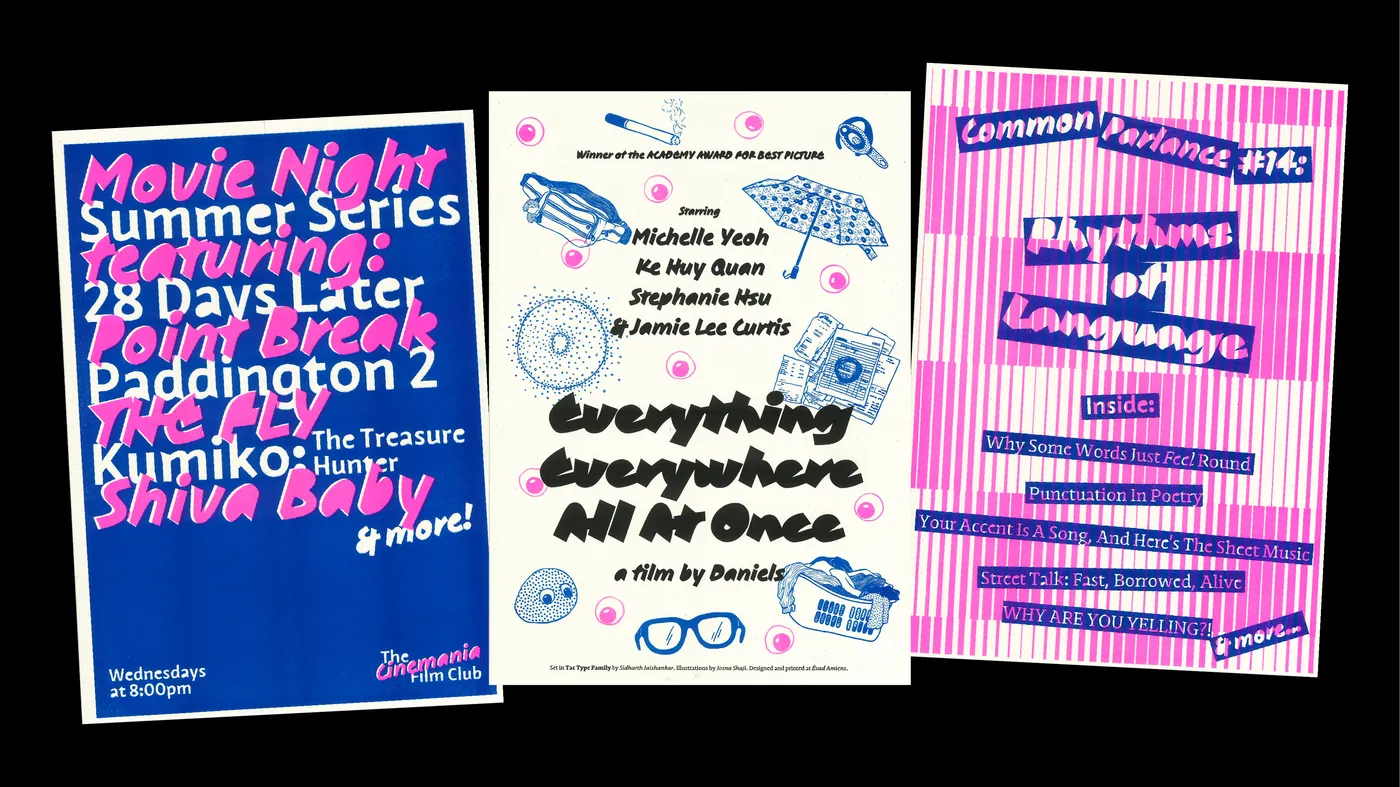Pink and blue movie-poster mockups set in Tac