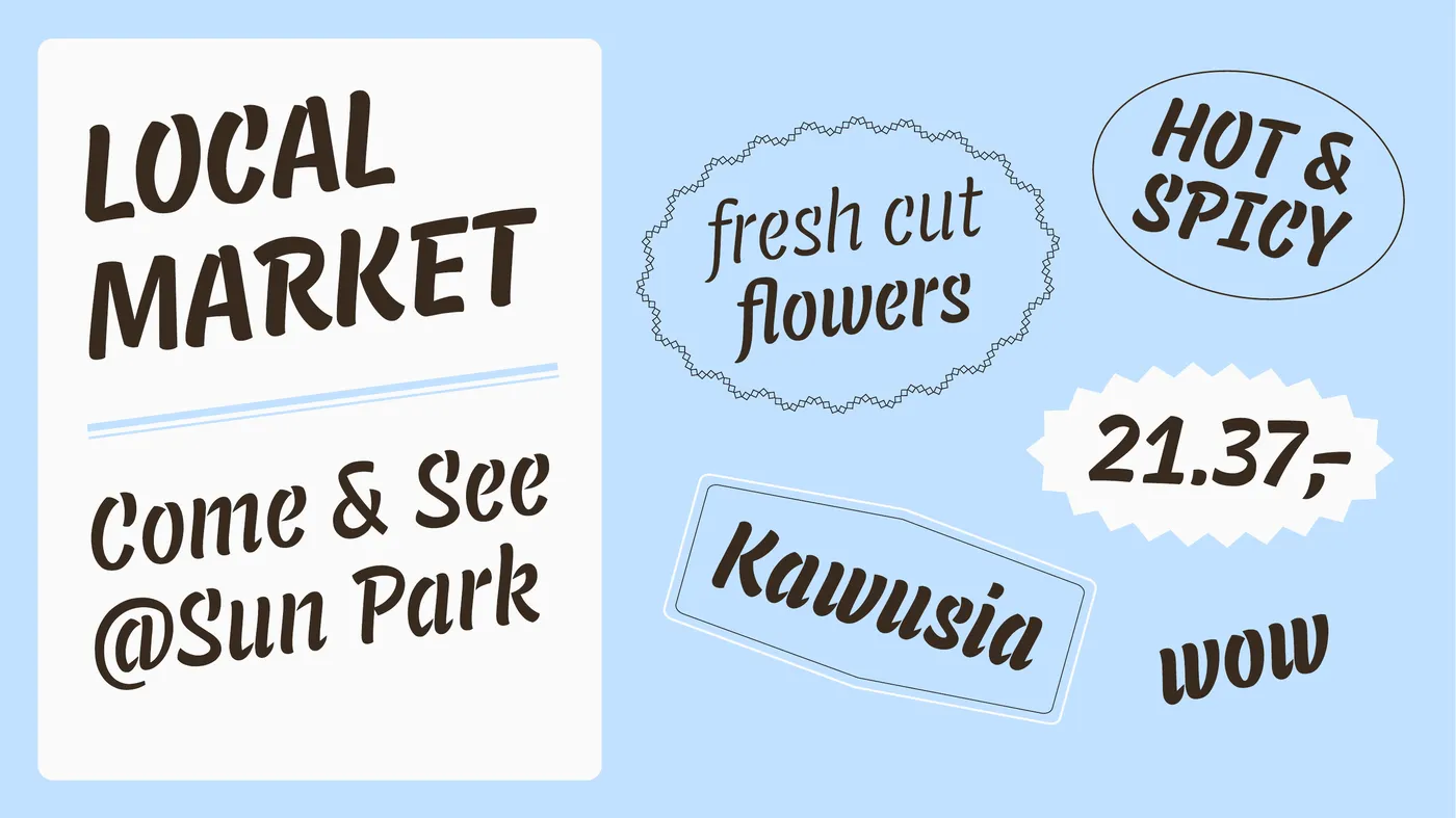 Colourful composition of market-style signage set in Escada